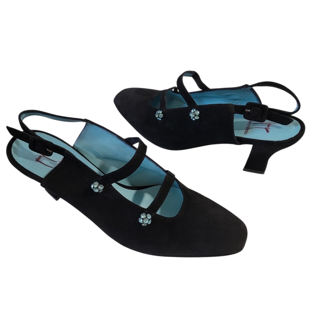 Thierry Rabotin Black Suede Slinkback Heels Sz 39.5/9 Blue Crystal Vamp Luxury